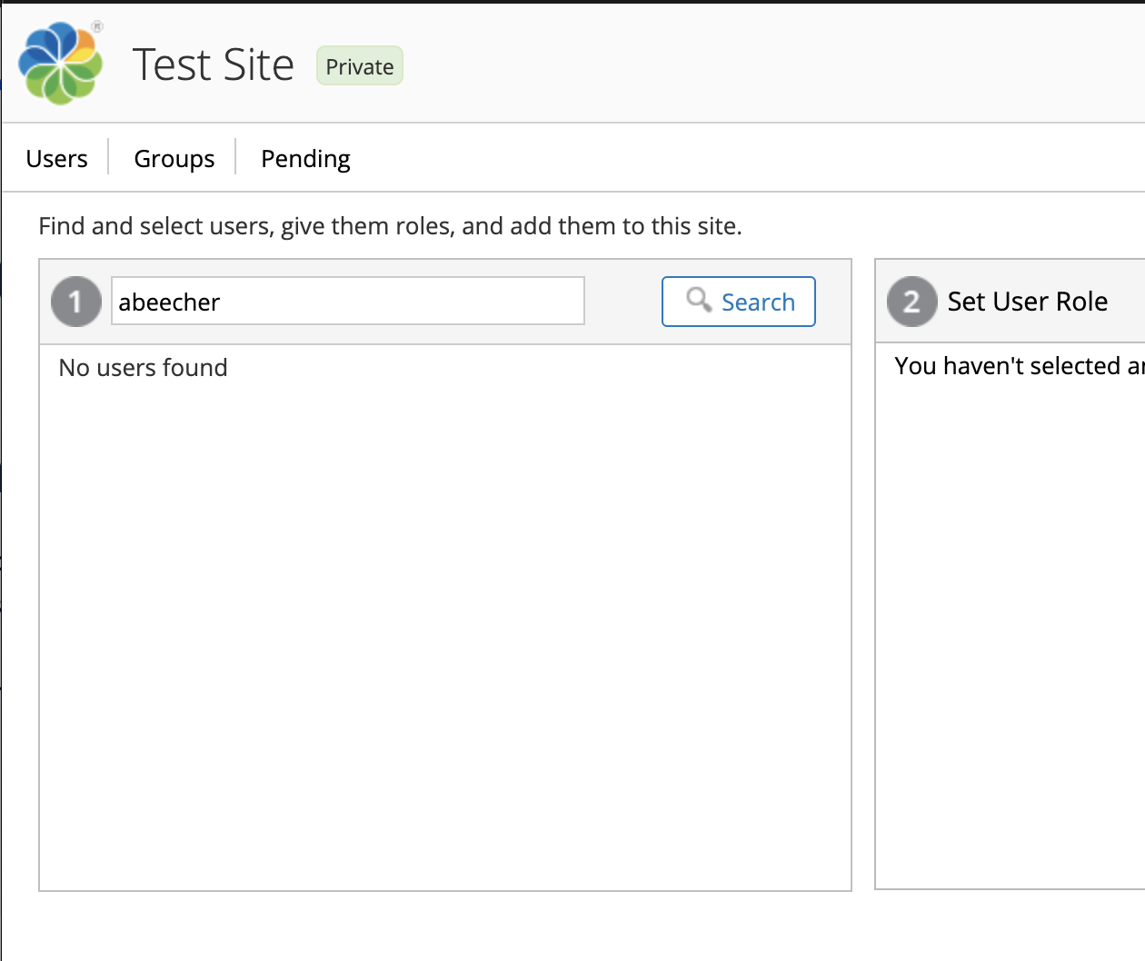 Screenshot of attempt to add users to a test site showing that no users are found.